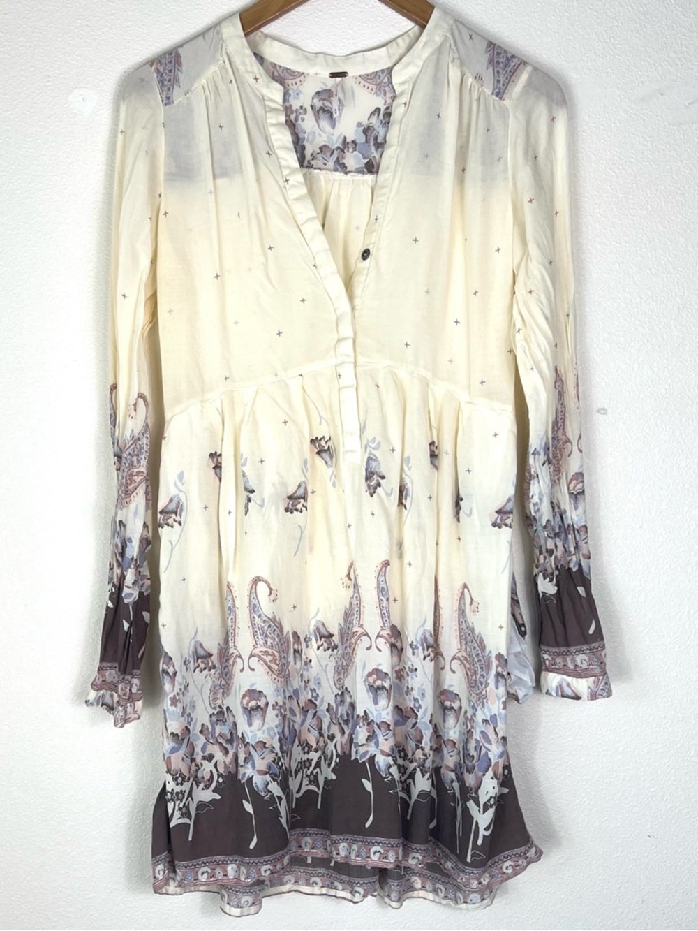Free People Sierra Valley floral cream purple long sleeve mini dress size M - Picture 4 of 10